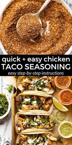 taco seasoning recipe with text overlay that reads quick and easy chicken taco seasoning