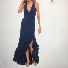 Betsey & Adams Ruffled V-Neck Gown Dark Navy Blue Size 12 Floor Length Formal Dress Lined Tiered Ruffles At Asymmetric Hem Made In Usa Dry Clean See Pic For Dress For Details Dark Navy Blue, Asymmetric Hem, Formal Dress, Dark Navy, Floor Length, Ruffles, Made In Usa, Size 12, Prom Dresses