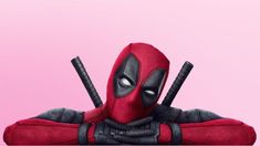 a deadpool character with two swords in front of a pink background that has the word deadpool written on it