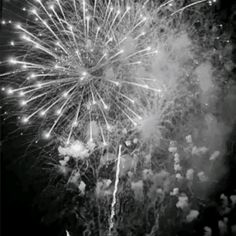 black and white photograph of fireworks in the night sky