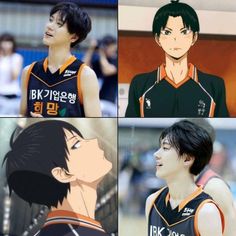 four different images of the same person in basketball uniforms, one with black hair and another with green eyes