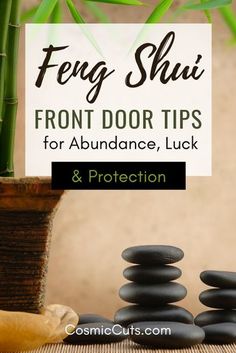 a potted plant sitting next to rocks on top of a wooden table with text overlay that reads feg shui front door tips for abundance, luck and protection