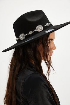 Taking a forever classic to the next level, this so cool hat is featured in a staple wide brim style and felt fabrication with western-inspired chain at center and fun, iridescent shape cutouts for added dimension. | Forever Western Wool Hat by Free People in Black Western Style Party Felt Hat, Elegant Felt Hat For Festivals, Cool Hat, Cool Hats, Wool Hat, So Cool, Wide Brimmed, Next Level, Free People