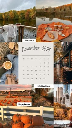 an autumn calendar with pumpkins on the ground