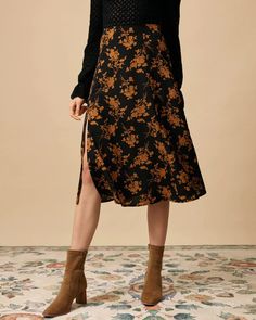 Free shipping on orders over $69. Shop The Floral Slit High Waisted A-line Skirt - black - xs,s,m,l,xl at RIHOAS. Tailored Clothes, Perfect Figure, Vintage Floral Pattern, Skirt Floral, Knit Sweater Dress, Floral Vintage, Black Bottoms, Women Skirts Midi, A Line Skirt