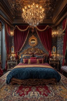 a fancy bedroom with red curtains and gold furniture, chandelier above the bed