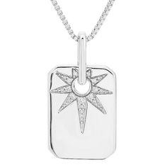 Accessorize in style with this Boston Bay Diamonds sterling silver diamond accent starburst dog tag pendant necklace. Click on this JEWELRY & WATCHES GUIDE to learn about fit, styles, materials and more! FEATURES Pendant size: 22.22 mm x 11.71 mm Chain length: 18 in. Chain type: box Clasp: lobster-claw Nickel free Metal: sterling silver Plating: rhodium Finish: polished Packaging: boxedDIAMOND DETAILS Total weight: less than 1/10 ct. Color grade: G-H Clarity: I2-I3 Shape: round Setting: pave Gem Silver Starburst Jewelry With Diamond Accents, Sterling Silver Dog Tag Necklace With Charms, Silver Diamond Jewelry With Star Charm, Silver Dog Tag Jewelry With Charms, Silver Necklace With Diamond Accents And Rectangular Pendant, Silver Diamonds, Pave Diamonds, Chain Lengths, Dog Tags