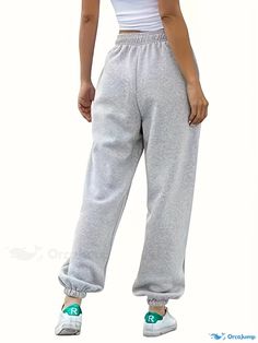 Orcajump - Solid Color Casual Sports Pants, Slight Stretch Elastic Waist Loose Fit Jogging Sweatpants, Women's Athleisure Casual Baggy Solid Yoga Pants, Baggy Solid Color Sports Pants, Baggy Full-length Sweatpants For Leisure, Baggy Full-length Leisure Sweatpants, Baggy Full Length Leisure Sweatpants, Non-stretch Sweatpants With Elastic Waistband For Leisure, Baggy Solid Color Athleisure Activewear, Solid Color Baggy Athleisure Activewear, Baggy High Waist Sweatpants For Sports