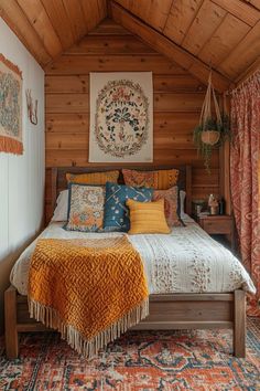 a bed in a room with wooden walls