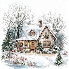 a painting of a house in the snow with christmas decorations on it's roof