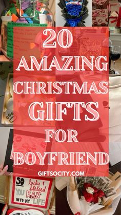 the words 20 amazing christmas gifts for boyfriends on top of pictures with presents in them