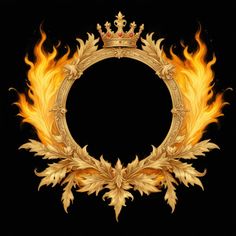 a gold frame with flames surrounding it on a black background, in the shape of a crown