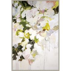 an abstract painting with white and green flowers