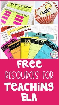 the free resources for teaching ela is shown in pink and white with text overlay