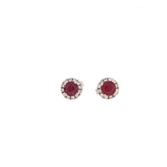 Stud Earrings-Pretty Mozambique Ruby Studs in Solid 14K White Gold with Natural Diamond Accents | Gemstone Earrings | Classic | Elegant | July Birthstone - NNJGemstones Diamond Gemstone Earrings Round Cut, Designer Silver Jewellery, Jewelry Showcases, Natural Earth, Earring Findings, Pendant Bracelet, G H, Mozambique, Estate Jewelry