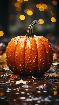 a small pumpkin sitting on top of a wet ground with water droplets all over it