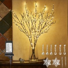 lighted branches in vase with earring hooks and plugs on table next to wall