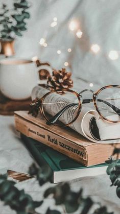 a stack of books and glasses on top of each other next to a potted plant