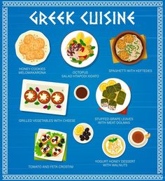 the greek cuisine poster is shown with different foods and drinks on it's side