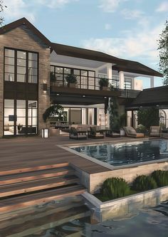 an artist's rendering of a large house with a pool in front of it