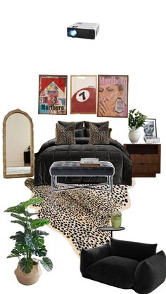 a black and white bedroom with leopard print on the bed, chair, mirror, plant and other items