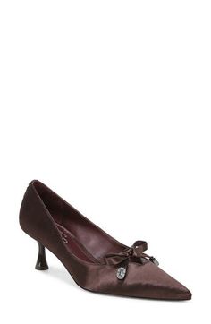 A pointy toe is balanced by a flared heel in this sophisticated pump topped with a sweet bow. 2 1/4" heel Textile upper/synthetic lining and sole Imported Pump Shoes, Sam Edelman, Women's Pumps, Dark Chocolate, Circus, Nordstrom, Pumps, Women Shoes, Heels