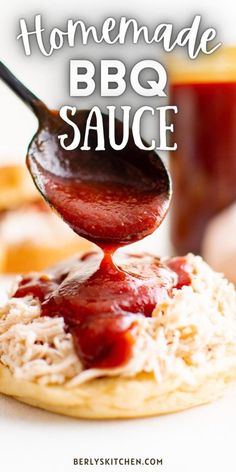 homemade bbq sauce being drizzled on top of an english muffin