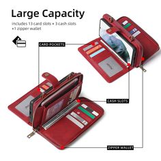 About this item: Multifunction: This flip case has 13 hidden slots, 1 zipper pocket. Enough capacity for driver's license, credit/debit cards, coins, keys, bills, change, and photo of loved ones. Wallet case: This flip folio case can be used as a wallet case &phone case &kickstand. It is detachable. You can remove it and use it alone as a kickstand and enjoy hands-free viewing &reading &videoing experience at your convenience. Crossbody Strap: The package will arrive with a crossbody strap. You Red Phone Bag With Card Slots For Travel, Red Rectangular Phone Bag With Card Slots, Rectangular Red Phone Bag With Card Slots, Red Card Holder With Card Slots For Travel, Red Trifold Wallet With Card Slots For Travel, Red Trifold Wallet With Interior Card Slots For Travel, Travel Red Trifold Wallet With Interior Card Slots, Multifunctional Rectangular Wallet With Card Slots, Multifunctional Rectangular Wallets With Interior Card Slots