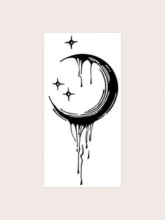 a black and white drawing of a crescent moon with stars hanging from it's side