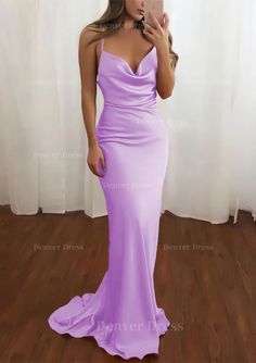 Sheath Column Cowl Neck Spaghetti Straps Sweep Train Satin Prom Dress Fitted Purple V-neck Slip Dress, Purple Fitted V-neck Slip Dress, Lilac Prom Dresses, Sweep Train Prom Dress, Navy Prom Dresses, Dark Red Dresses, Prom Dresses With Pockets, Red Dresses Classy, Corset Dress Prom