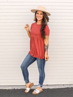 Light brick colored short sleeve babydoll top. Flowy Short Sleeve Tops For Loungewear, Casual Flowy Tops For Day Out, Flowy Casual Tops For Day Out, Casual Rayon Tops For Everyday, Casual Everyday Rayon Tops, Casual Rayon Tops For Everyday Wear, Casual Rayon Tops For Layering, Casual Non-stretch Tops For Everyday, Non-stretch Casual Everyday Tops