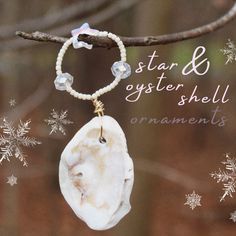 a white shell hanging from a tree branch with snowflakes around it and the words star & oyster shell ornaments