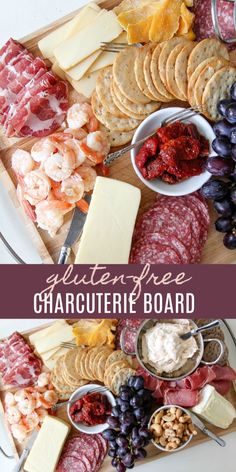 cheese, crackers and meats are on a platter with the words glutenfree charcuterie board