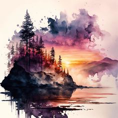 watercolor painting with trees and mountains in the background at sunset or sunrise on an island