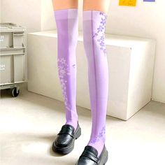 Purple Floral Over-The-Knee Socks, Size 36-39 Trendy Spring Socks, Purple Fitted Knee-high Socks, Fitted Knee-high Legwear For Spring, Spring Casual Mid-calf Stockings, Casual Mid-calf Stockings For Spring, Fitted Knee-high Hosiery For Spring, Casual Mid-calf Stockings, Pink Knee-high Socks For Spring, Fitted Knee-high Socks For Summer