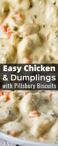 chicken and dumplings with pilsbury biscuits in a white bowl