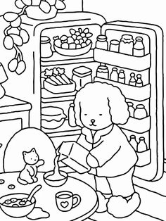 a black and white image of a child in front of an open refrigerator with food