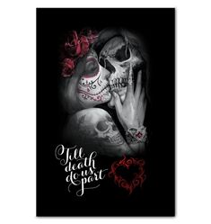 a black and white poster with a woman holding a skull in it's hand