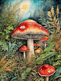 a painting of some mushrooms in the grass