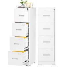 a tall white filing cabinet next to a smaller file cabinet with yellow drawers on each side