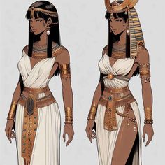 an egyptian woman in white dress with gold jewelry and headpieces, standing next to each other