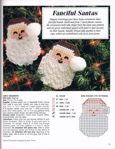 an advertisement for santa's ornament with two knitted ornaments hanging from the tree