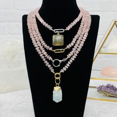 This listing is for ONE (1) Rose Quartz Candy Necklace - You Choose Style -  This beautiful rose quartz candy necklace is perfect for adding an elegant and classic touch to any outfit. Crafted from genuine rose quartz, you'll be wearing a necklace that radiates with sophistication and style. The perfect gift for a special loved one. The clasps come in three styles to choose from. You can also add your favorite candy charm to your necklace, just click on this link. https://www.etsy.com/shop/RockP Elegant Rose Gold Necklaces With Gemstone Beads, Elegant Rose Quartz Crystal Necklace In Rose Gold, Elegant Rose Quartz Necklaces With Gemstone Beads, Elegant Rose Quartz Beaded Necklace, Elegant Rose Quartz Necklaces With Natural Stones, Elegant Rose Quartz Beaded Necklaces, Elegant Pink Rose Quartz Crystal Necklace, Candy Necklace, Candy Necklaces