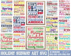 the holiday subway art svg bundle is shown in different colors and font, along with other