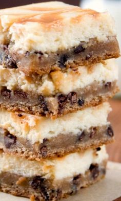 chocolate chip cookie bars stacked on top of each other