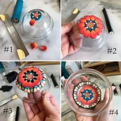 four pictures showing how to make an ornament with glass beads and flowers on it