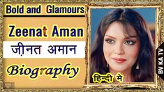 a woman with long hair and blue eyes in front of a gold frame that reads,'bold and glamours zeenat aman