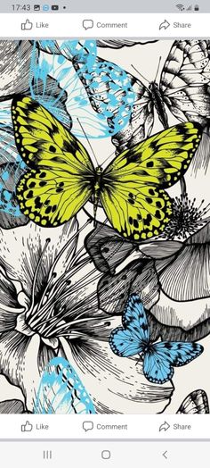 a bunch of butterflies that are on top of a flowery surface with blue and yellow flowers