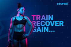 a woman in a sports bra top and shorts with the words train recover gain on it