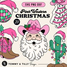 pink western christmas clipart set with cowboy hats, boots and cacti in the background